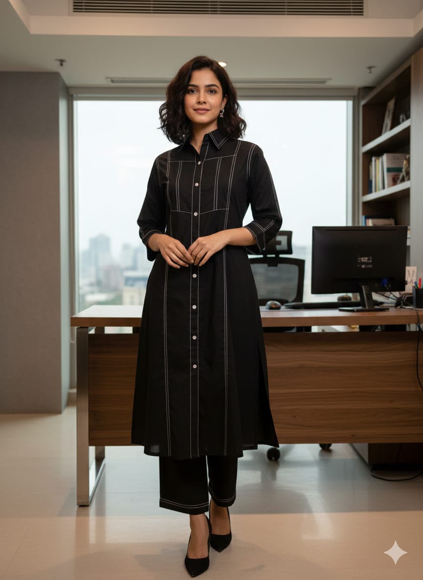 Black Collared Mul Cotton 2-Piece Suit Set