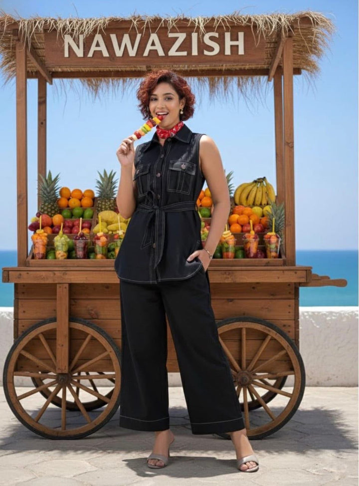 Black Sleeveless Mul Cotton Co-Ord Set