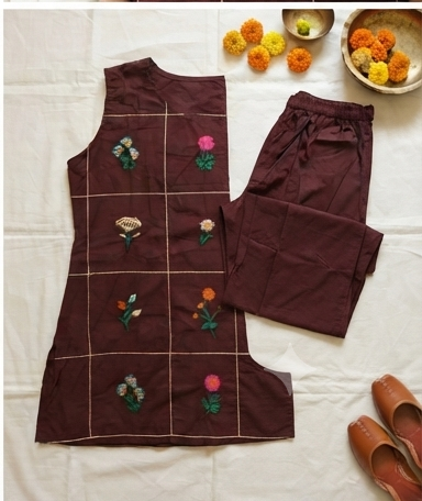 Chocolate Hand-Embroidered Grid Co-Ord Set