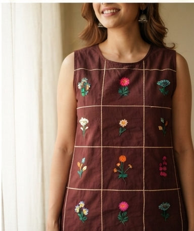 Chocolate Hand-Embroidered Grid Co-Ord Set