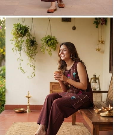 Chocolate Hand-Embroidered Grid Co-Ord Set
