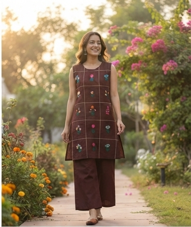 Chocolate Hand-Embroidered Grid Co-Ord Set