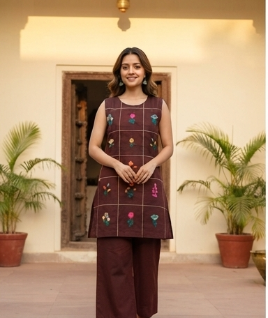 Chocolate Hand-Embroidered Grid Co-Ord Set