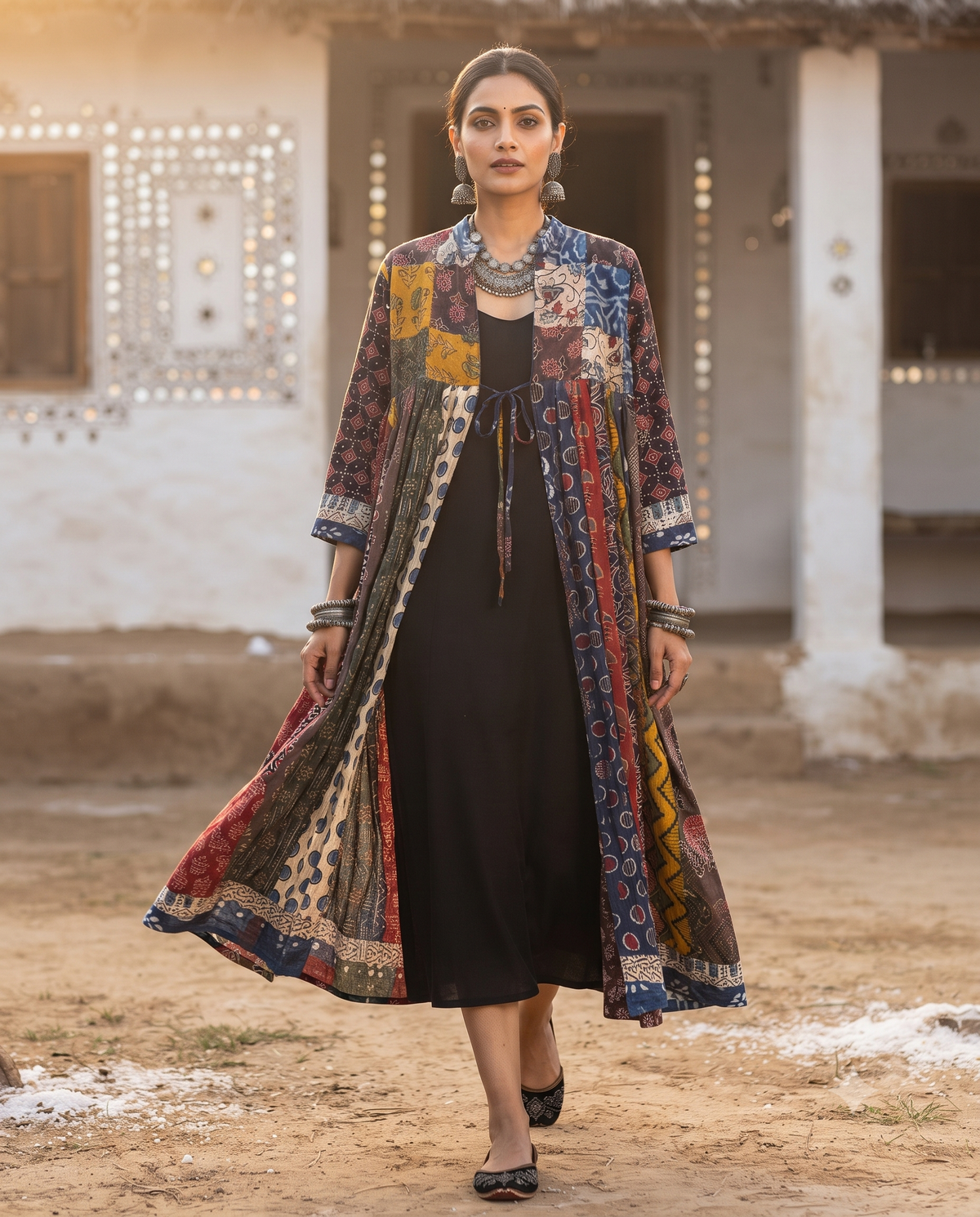 Model wearing the Kutchi Handblock Print Patchwork Long Shrug over a black dress