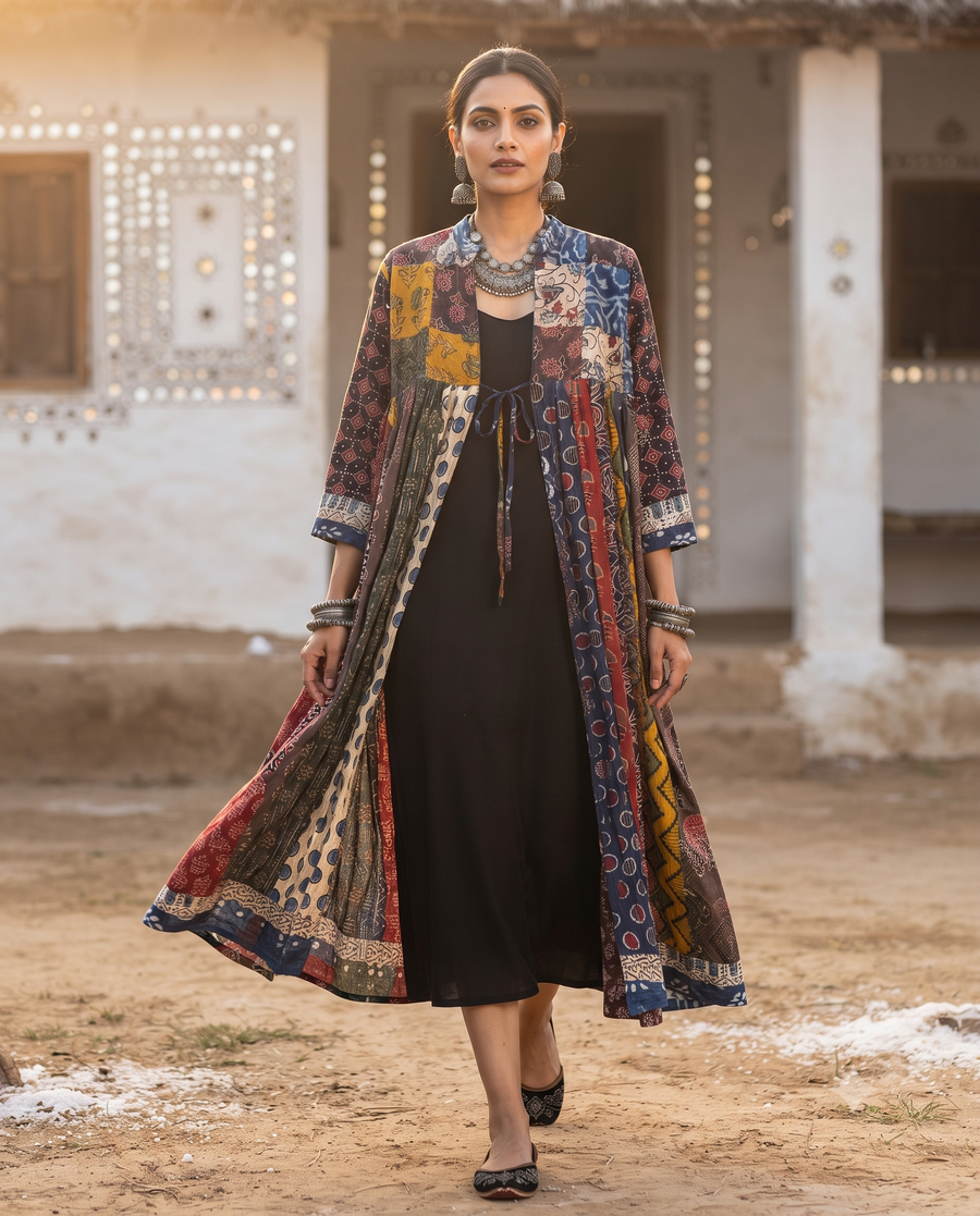 Model wearing the Kutchi Handblock Print Patchwork Long Shrug over a black dress