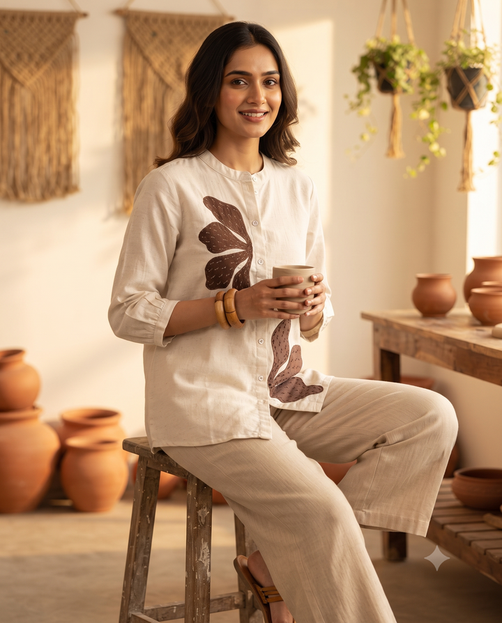 Off-White and Brown Cotton Tunic