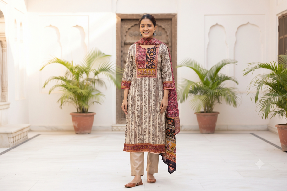 Off White 3-Piece Chanderi Dress