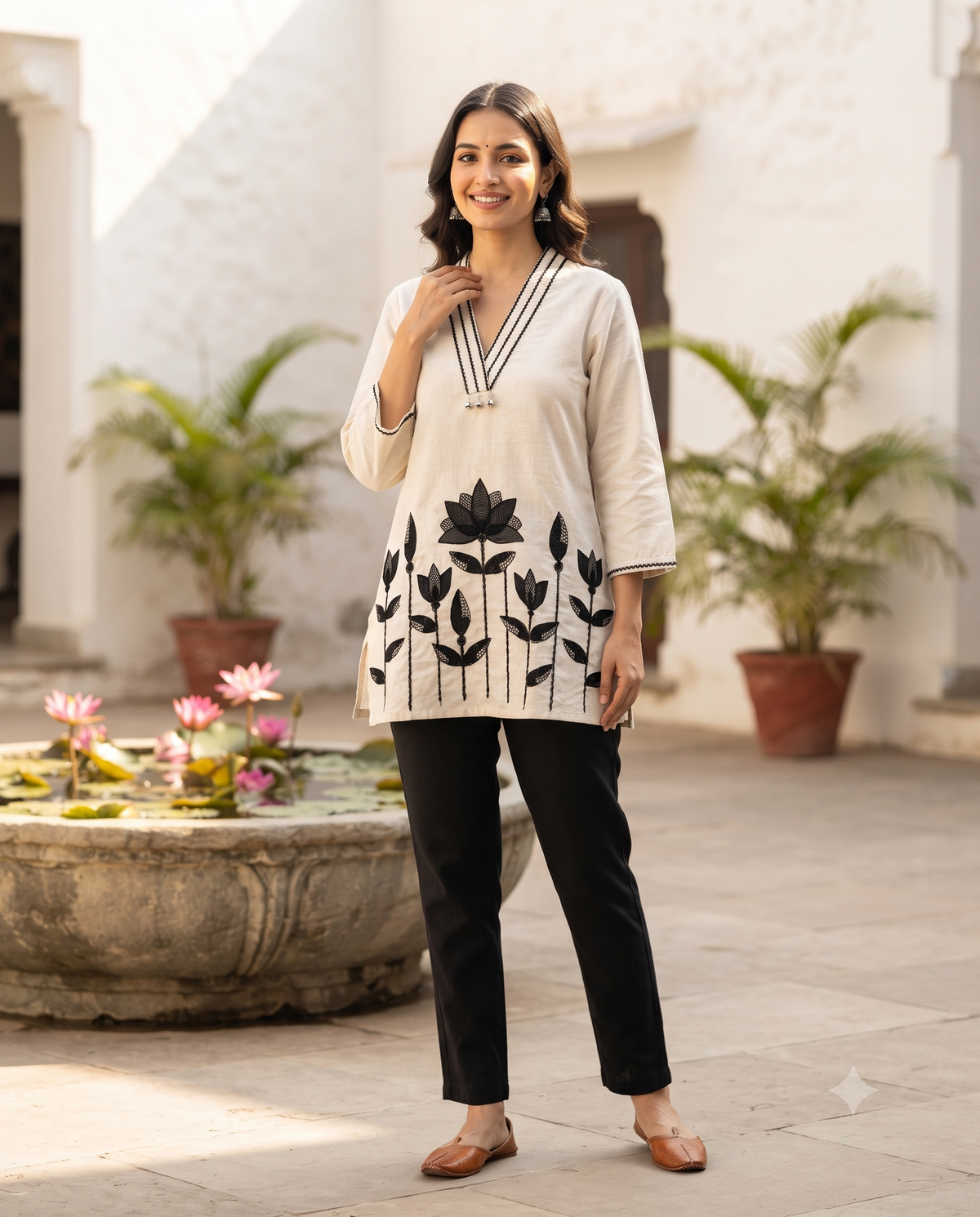 Model wearing the Off-White and Black Cotton Tunic with black lotus appliqué and V-neck