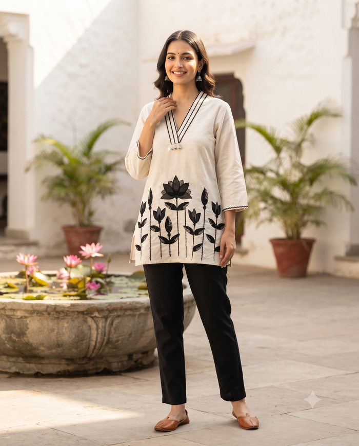 Model wearing the Off-White and Black Cotton Tunic with black lotus appliqué and V-neck