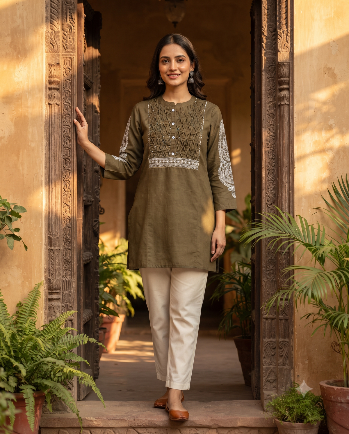 Model wearing the Olive Green Cotton Tunic with smocked yoke and white paisley sleeve embroidery