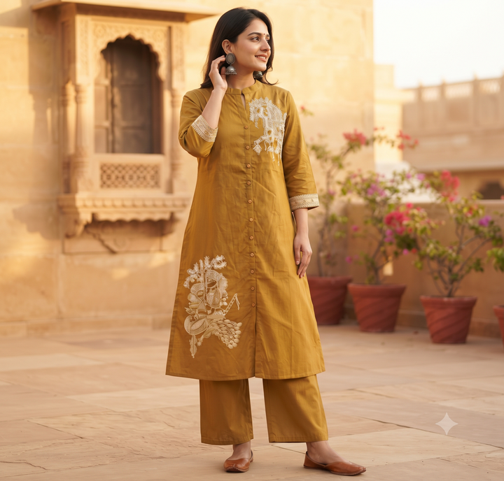 Folk-Art Embroidered Mustard Cotton Co-Ord Set