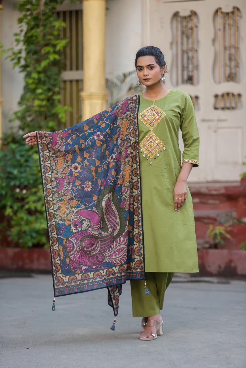 Maroon & Olive Green Jaipuri Handblock Print 3-Piece Dress
