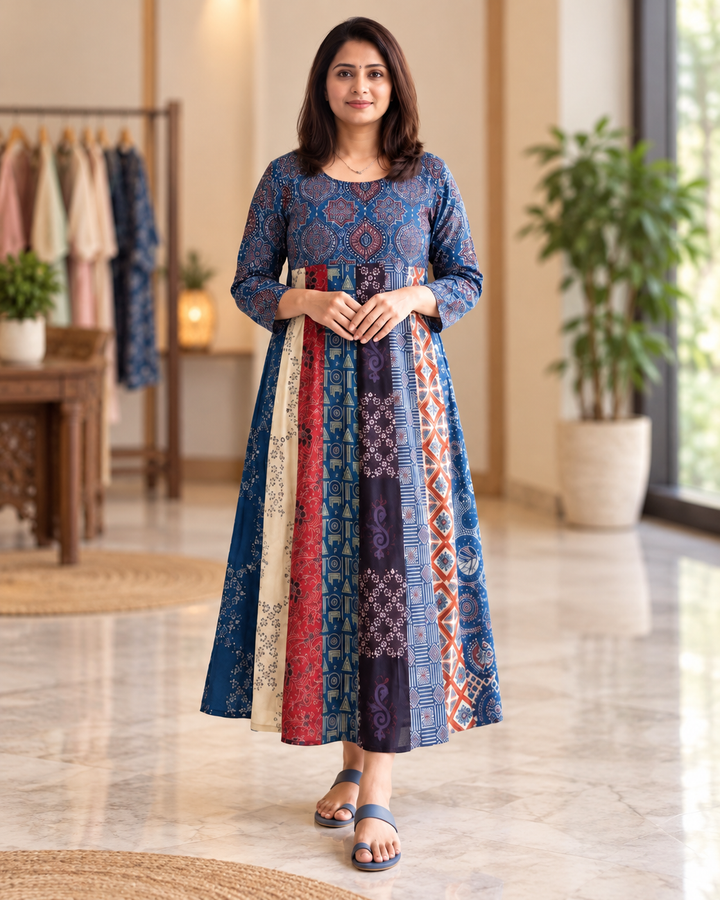 Handblock Ajrakh Cotton Kali Flair Long Kurti