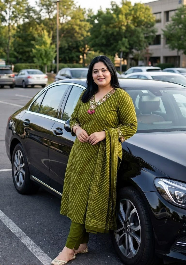 Olive Green Jaipuri Leheriya 3-Piece Dress