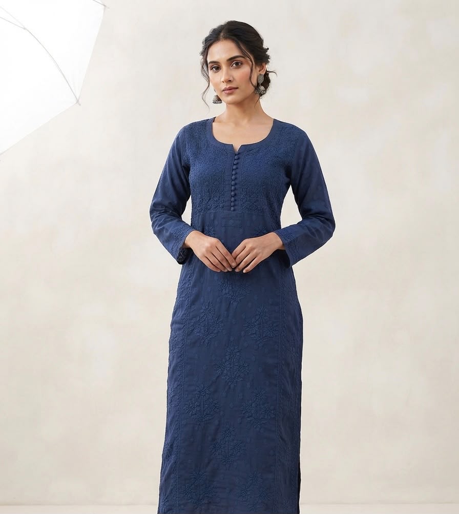 Navy Blue Lucknowi Chikankari Handwork Long Kurti