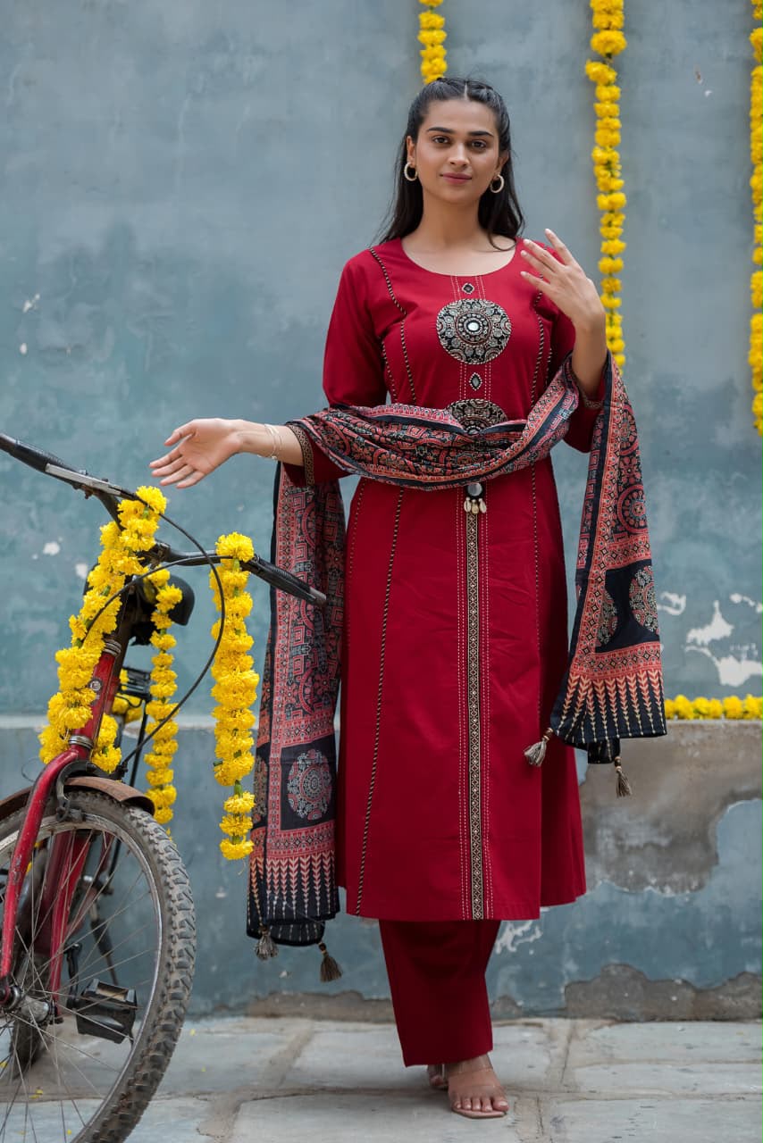 Designer Red Handblock Print Mul Cotton 3-Piece Set