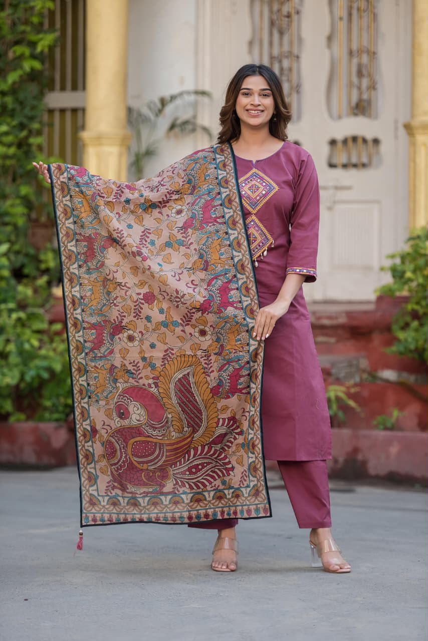 Maroon & Olive Green Jaipuri Handblock Print 3-Piece Dress