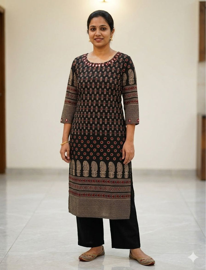 Ajrakh Handblock Print Silk Long Kurti with Kutchi Work