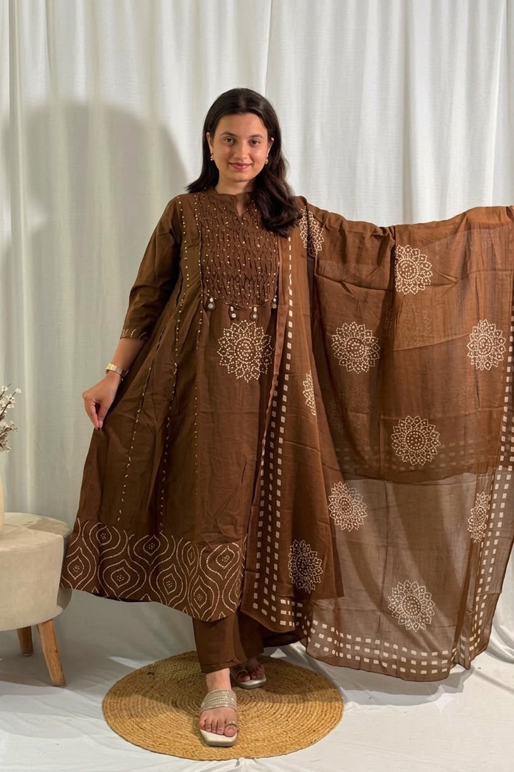 Rich Brown Bandhani Magic Anarkali 3 Piece Dress