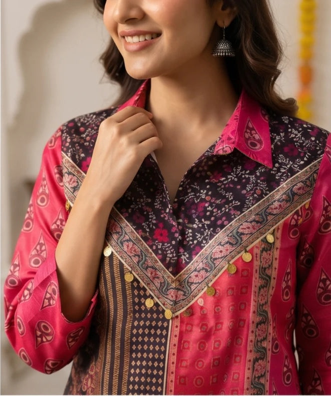 Rich Red Hand-Embroidered Chanderi Shirt