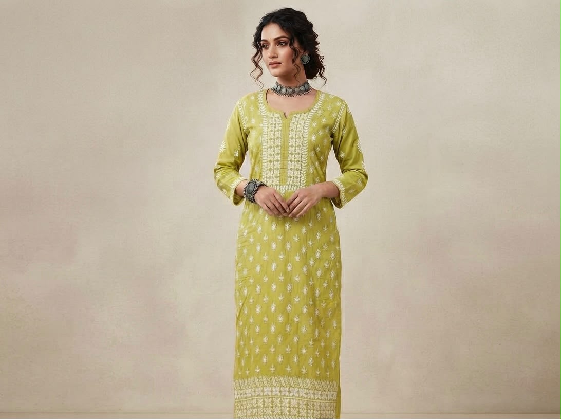 Lime Green Lucknowi Chikankari Long Kurti