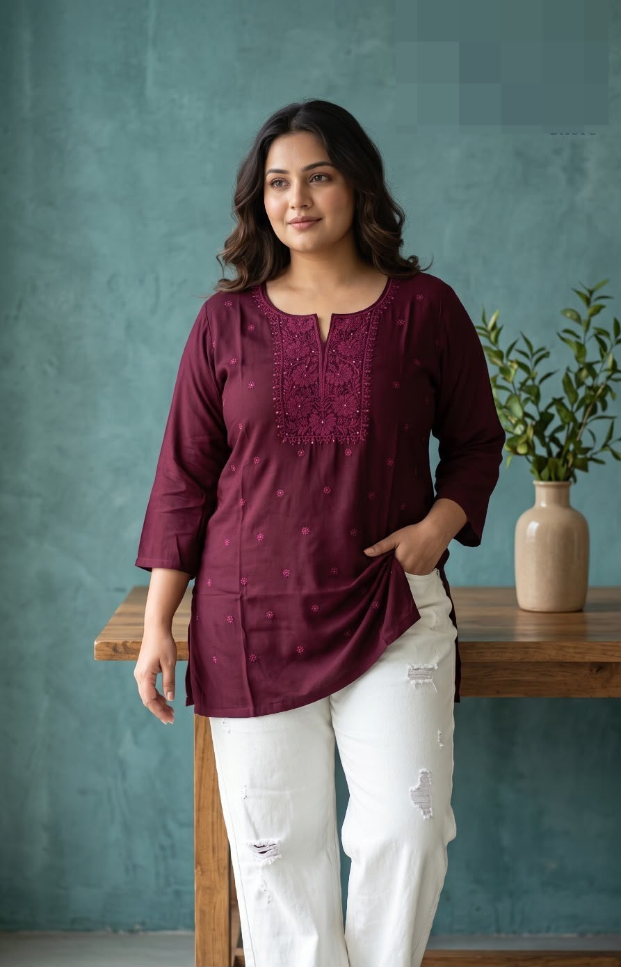 Wine Lucknowi Chikankari Short Kurti