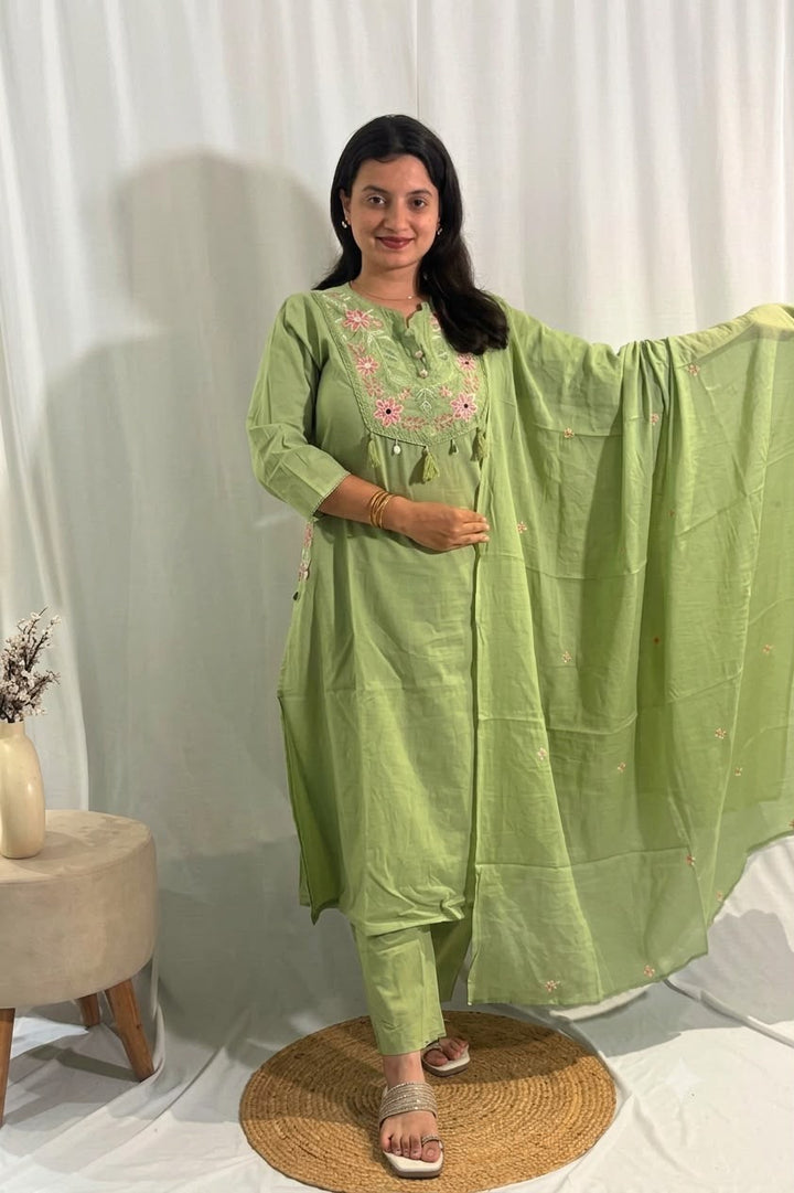 Parrot Green Jaipuri 3-Piece Dress