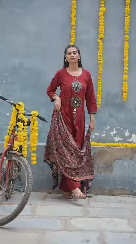 Designer Red Handblock Print Mul Cotton 3-Piece Set