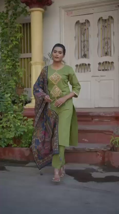 Maroon & Olive Green Jaipuri Handblock Print 3-Piece Dress