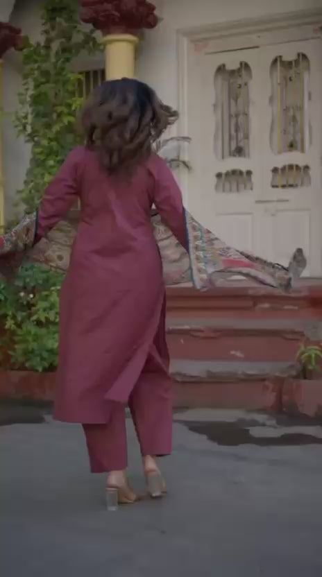 Maroon & Olive Green Jaipuri Handblock Print 3-Piece Dress