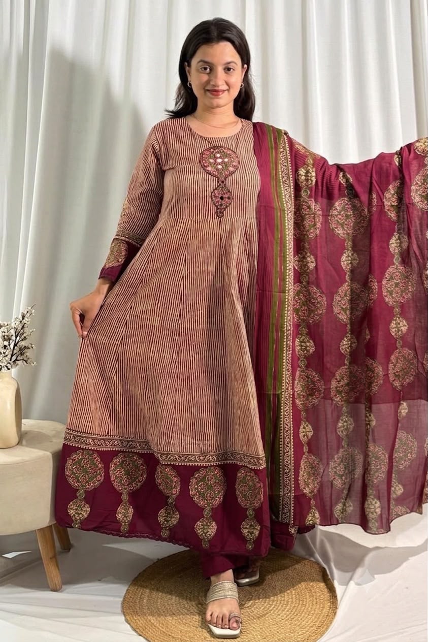 Maroon and Striped Jaipuri 3-Piece Dress