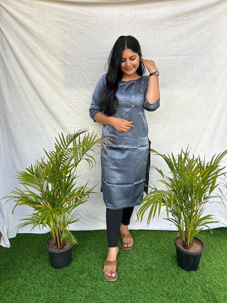 Mushroo Thread and Mirror Work Grey Silk Kurti