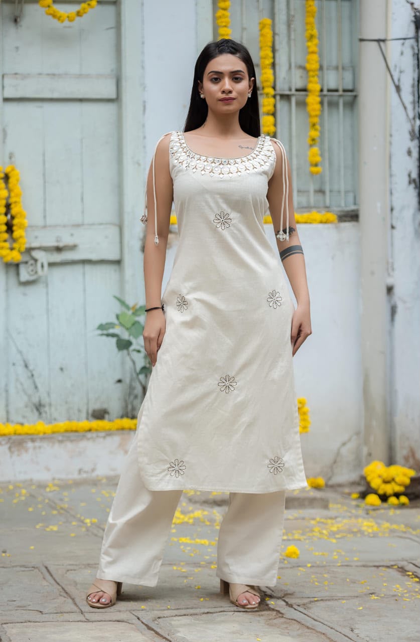 Ivory Sleeveless Mul Cotton Kurta Set