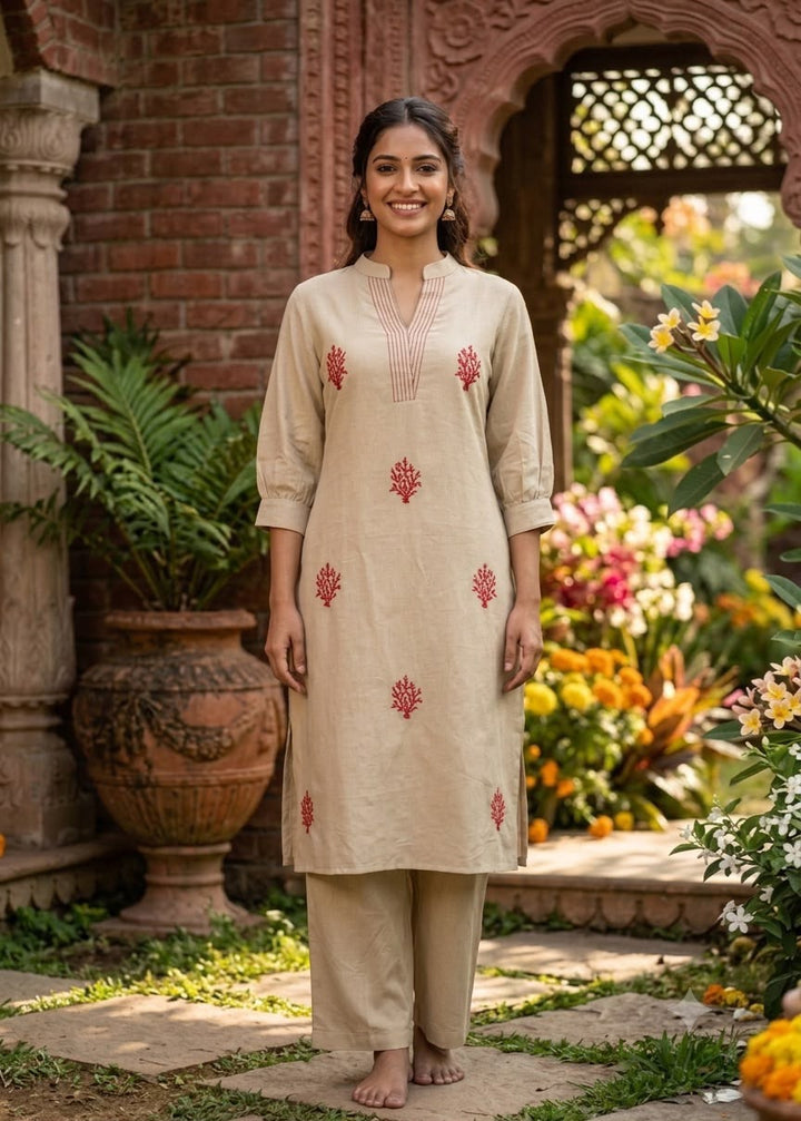 Ivory and Red Jaipuri Handblock Print 2-Piece Suit Set